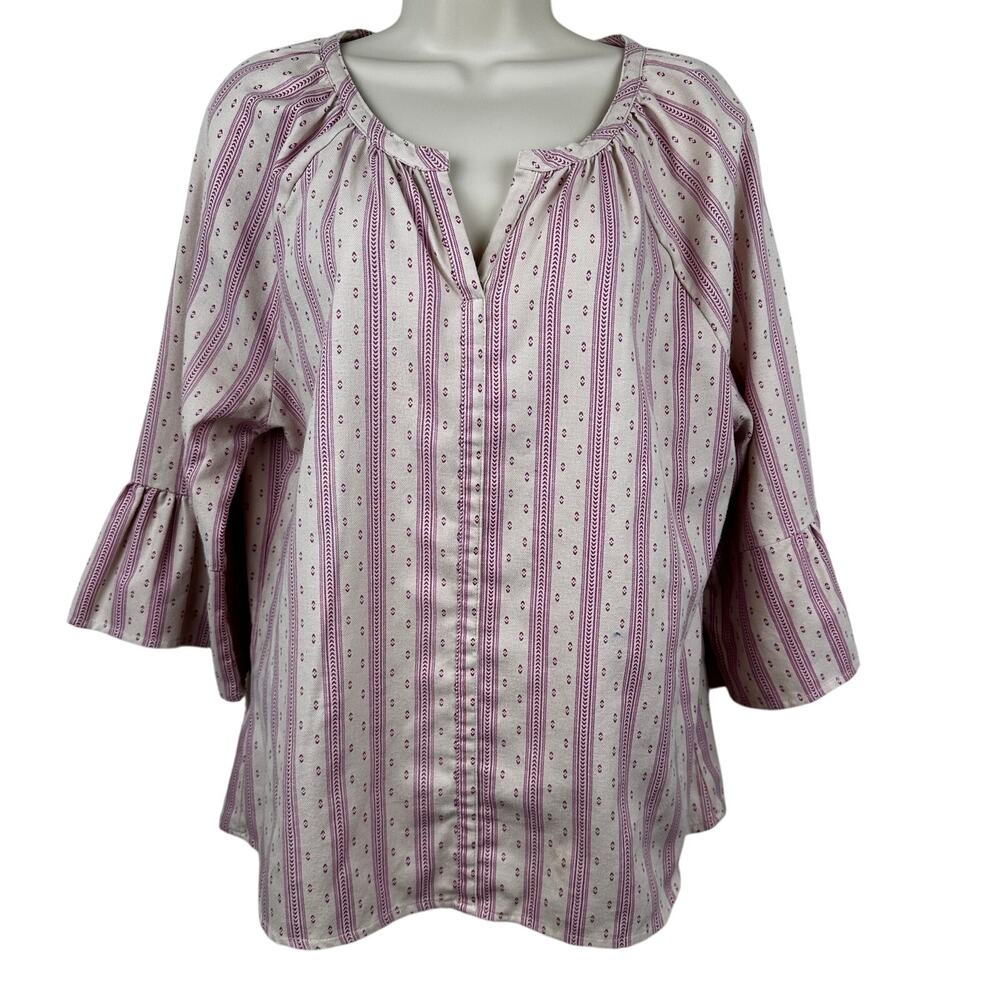 Bit & Bridle Peasant Top Blouse Western Boho Trumpet Sleeve Magenta Cream Size M